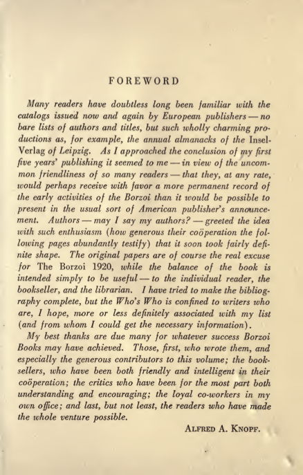 The Borzoi Book 1920 — Alfred Knopf's foreword praising the company's early successes, with no acknowledgement of co-founder Blanche Knopf