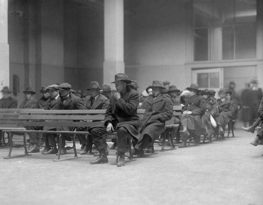 Anarchists, communists, socialists, and radicals who were rounded up in New York arrive at Ellis Island to be deported in 1920. At that time, political radicals were often deported from the United States as punishment.