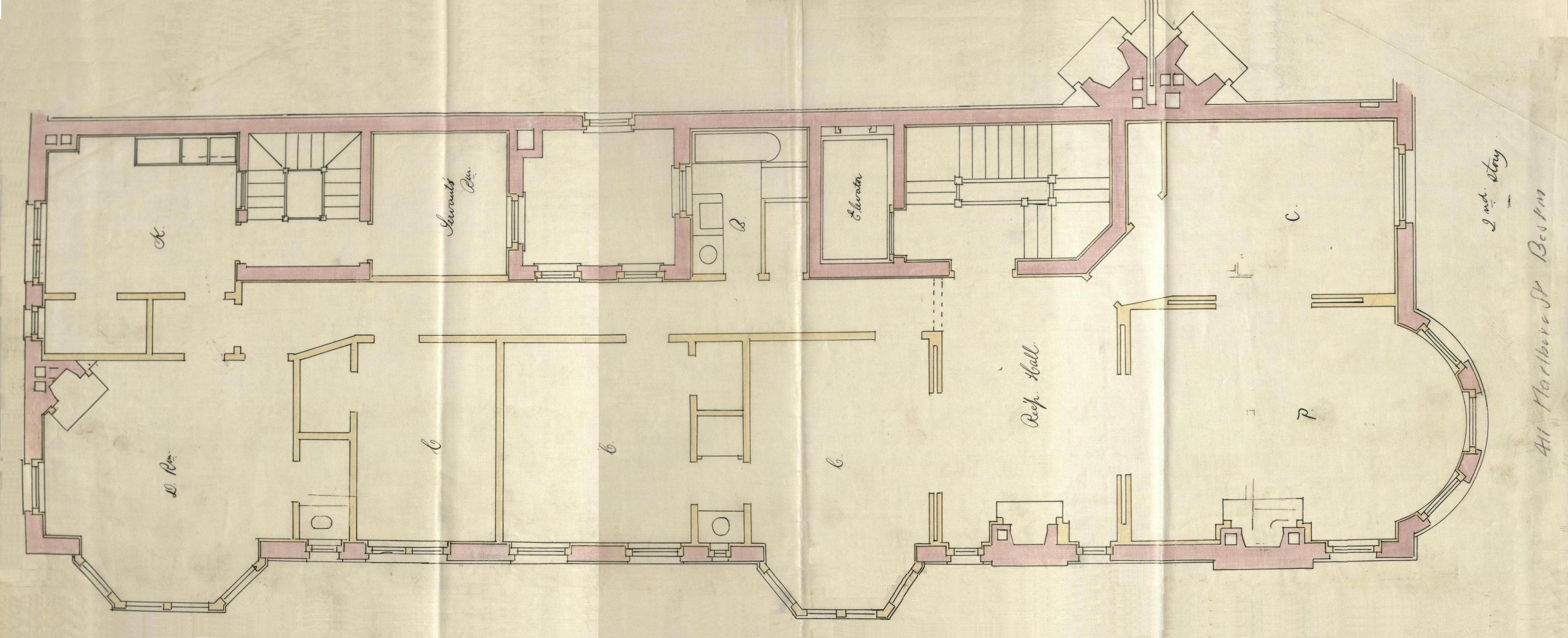 Second floor plan of 411 Marlborough bound with the final building inspection report 21Oct1891 v. 41 p. 52 courtesy of the Boston Public Library Arts Department
