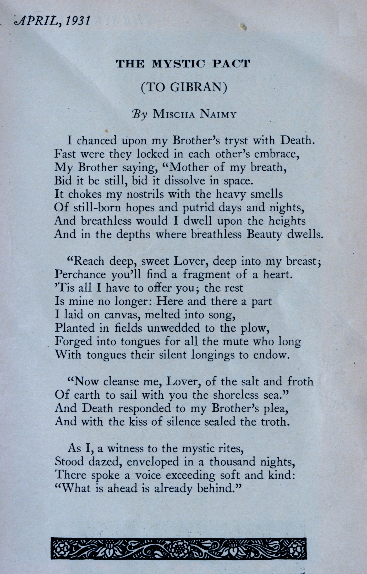 The poem published in The Syrian World April 1931
