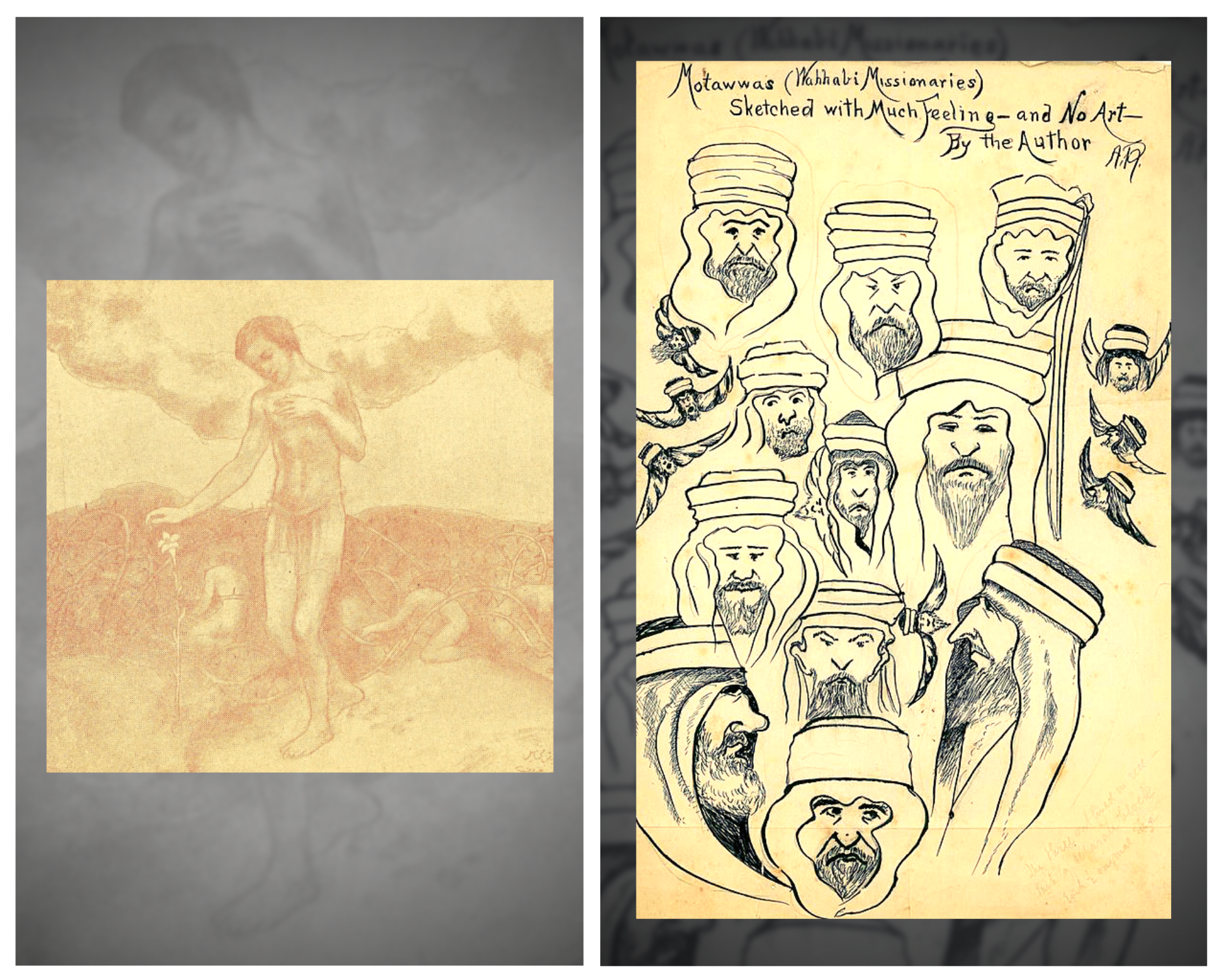 Drawing If But Thorns Realised by Gibran (left) Sketch by Ameen Rihani (right)