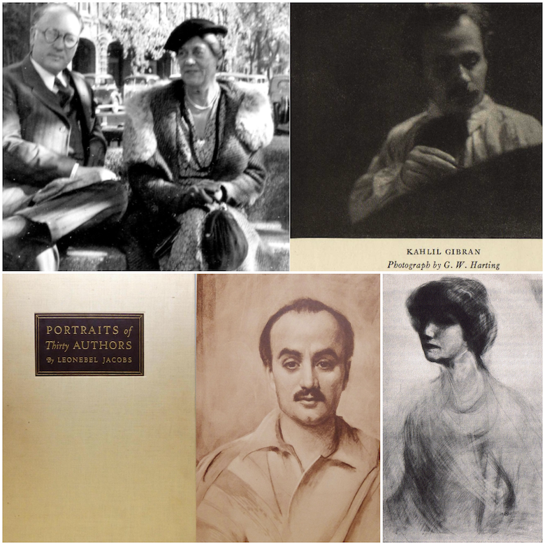 Top Left G.W Harting & Wife- his photo of Gibran (right), Book Cover Leonbel Jacobs Portraits of Thirty Authors (bottom left),  Sarah Bernhardt drawing by Gibran. (bottom right)