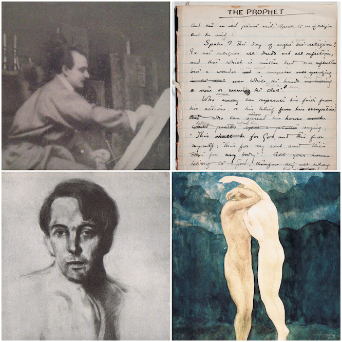 (top right) KG Painting in Studio, (top left) The Prophet, Manuscript (Museo Soumaya) (bottom left) Drawing W.B Yeats by Gibran, (bottom right) Watercolour 'LOVE' by Gibran