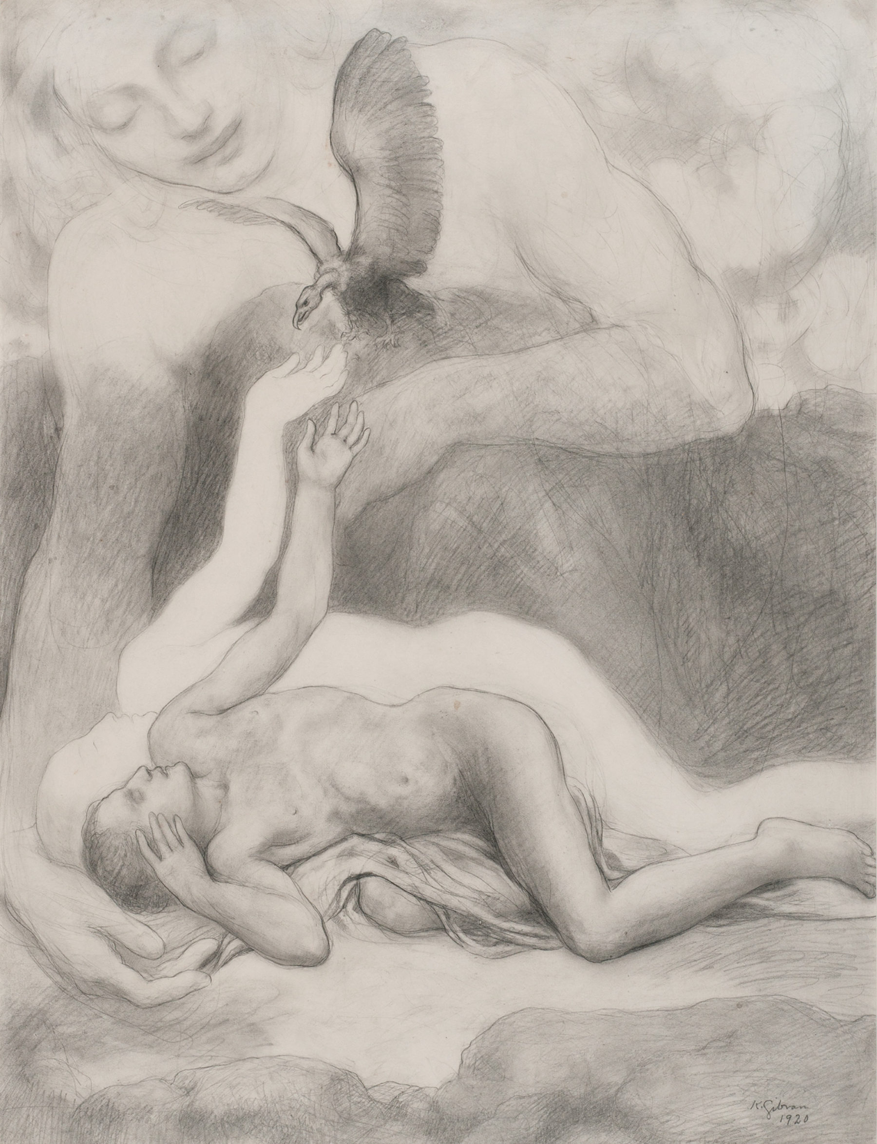 Kahlil Gibran, The Dying Man and the Vulture, 1920. Pencil on paper, 22 x 16 3/4 inches (55.9 x 42.5 cm). Telfair Museum of Art, Savannah, Georgia, Gift of Mary Haskell Minis. Photography by Daniel L. Grantham, Jr., Graphic Communication