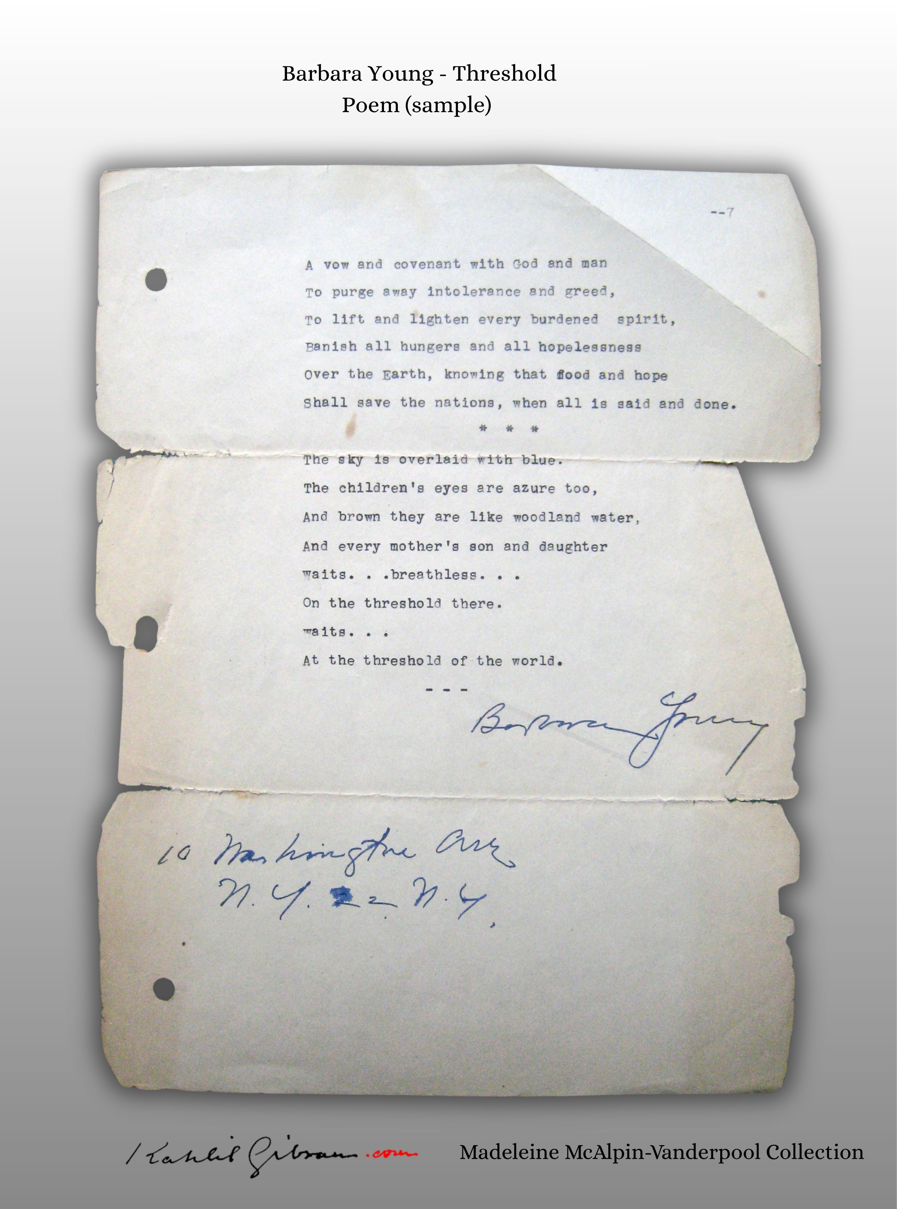 Unpublished typescript poem by Barbara Young, signed