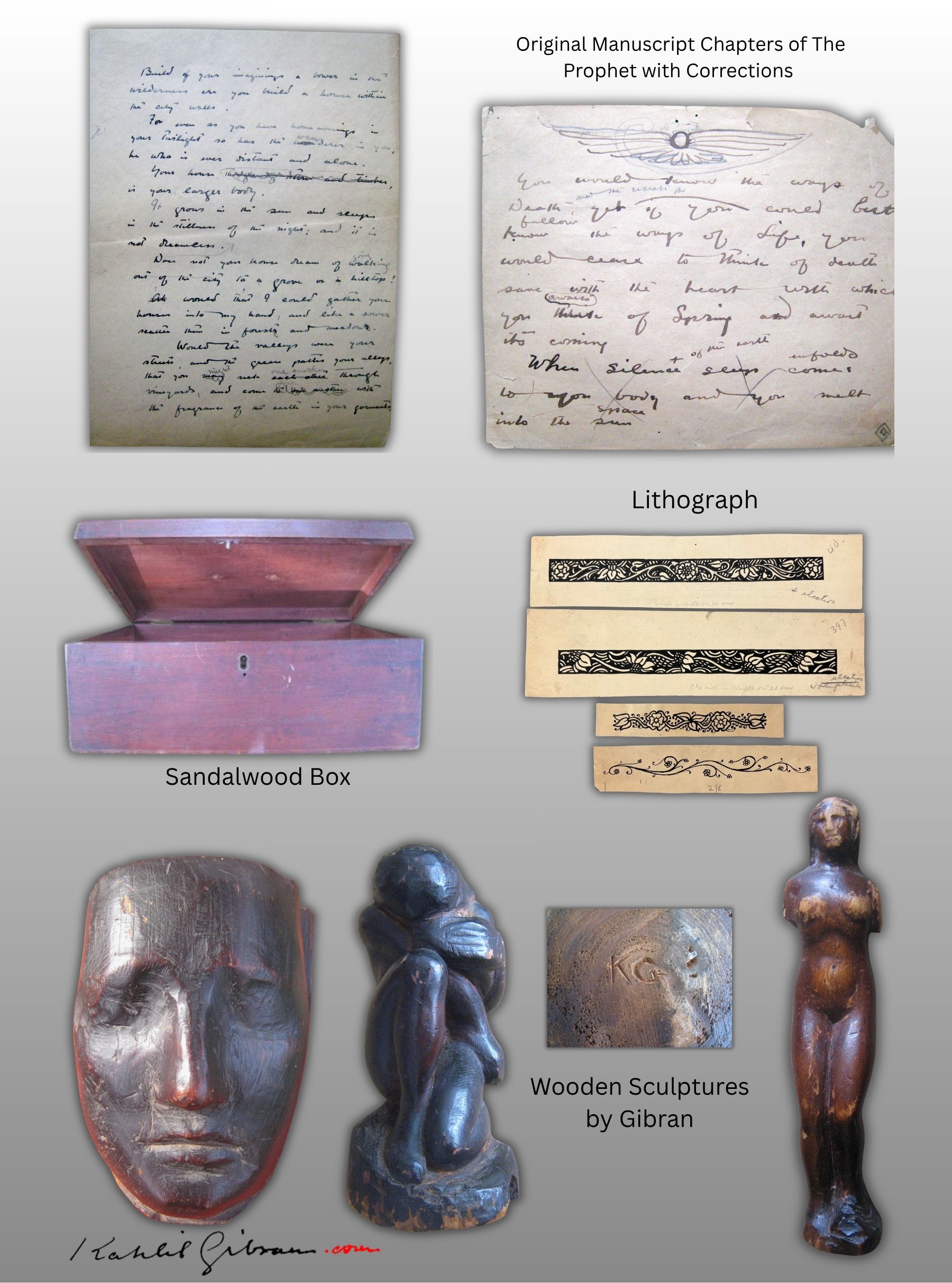 Collage: Prophet manuscript pages, Sandalwood Box, lithographs and wooden sculptures — Madeleine Findlay Collection