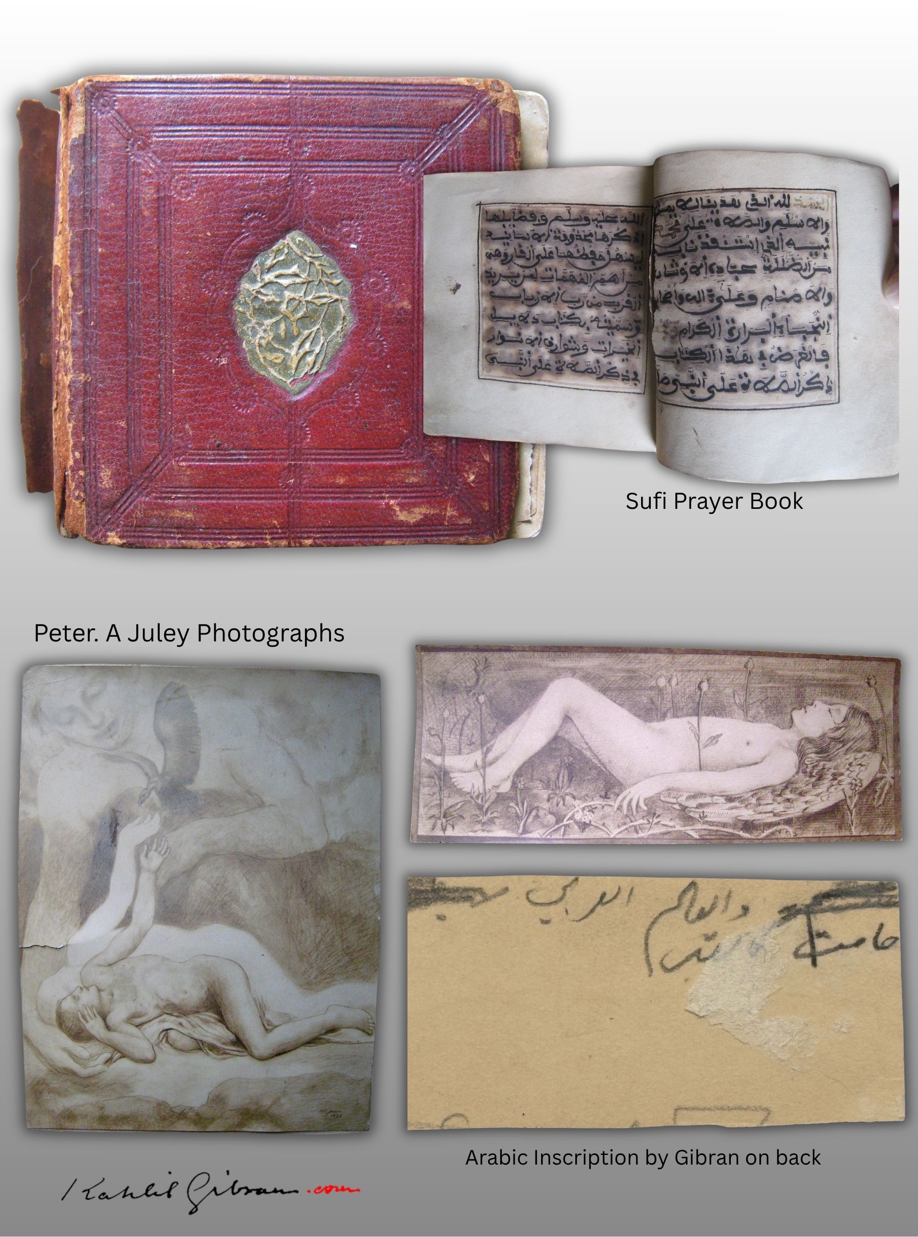 Collage: Sufi Prayer Book, Juley photographs and Arabic inscription — Madeleine Findlay Collection