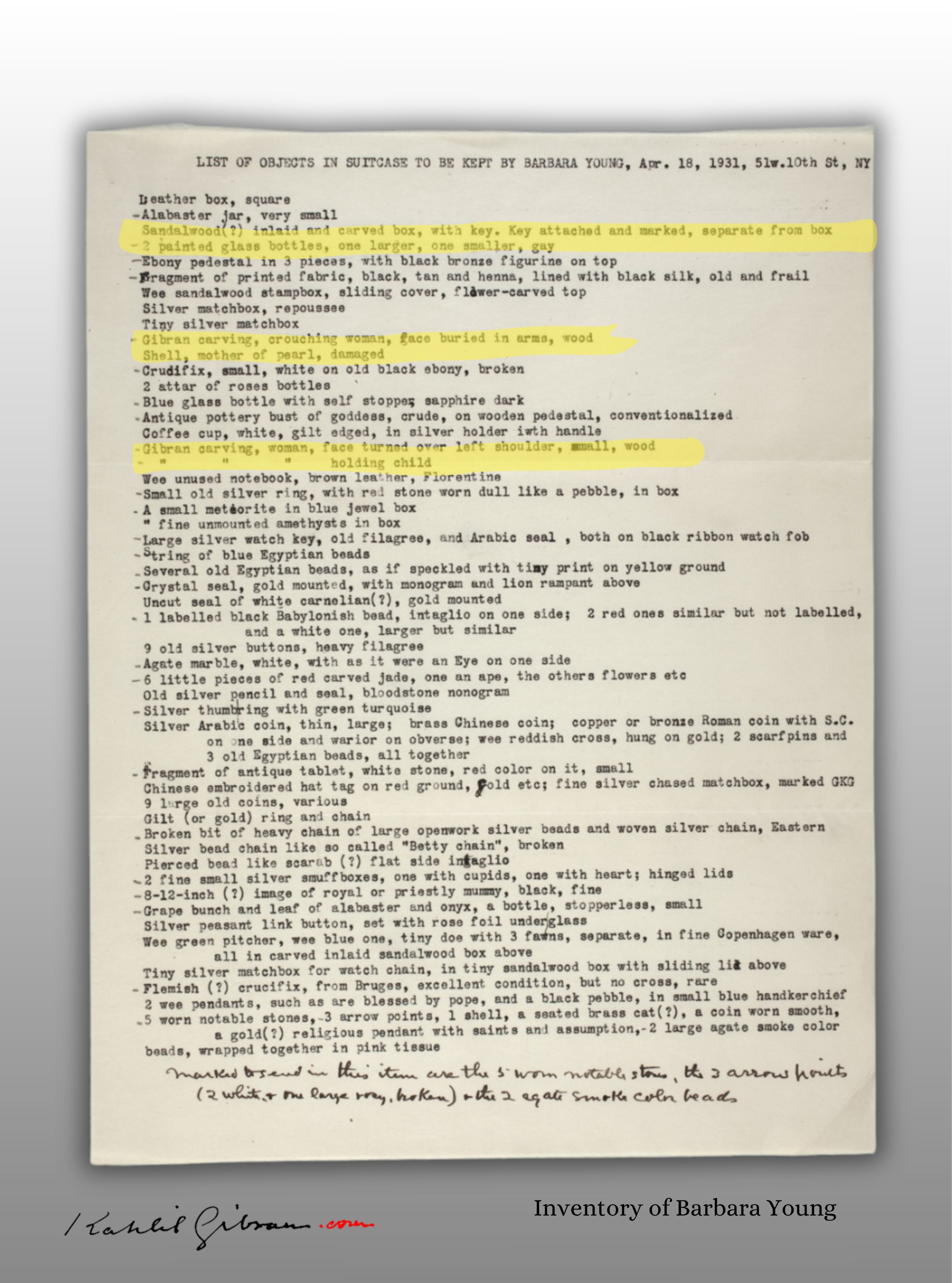 List of Objects in Suitcase to Be Kept by Barbara Young, April 18, 1931