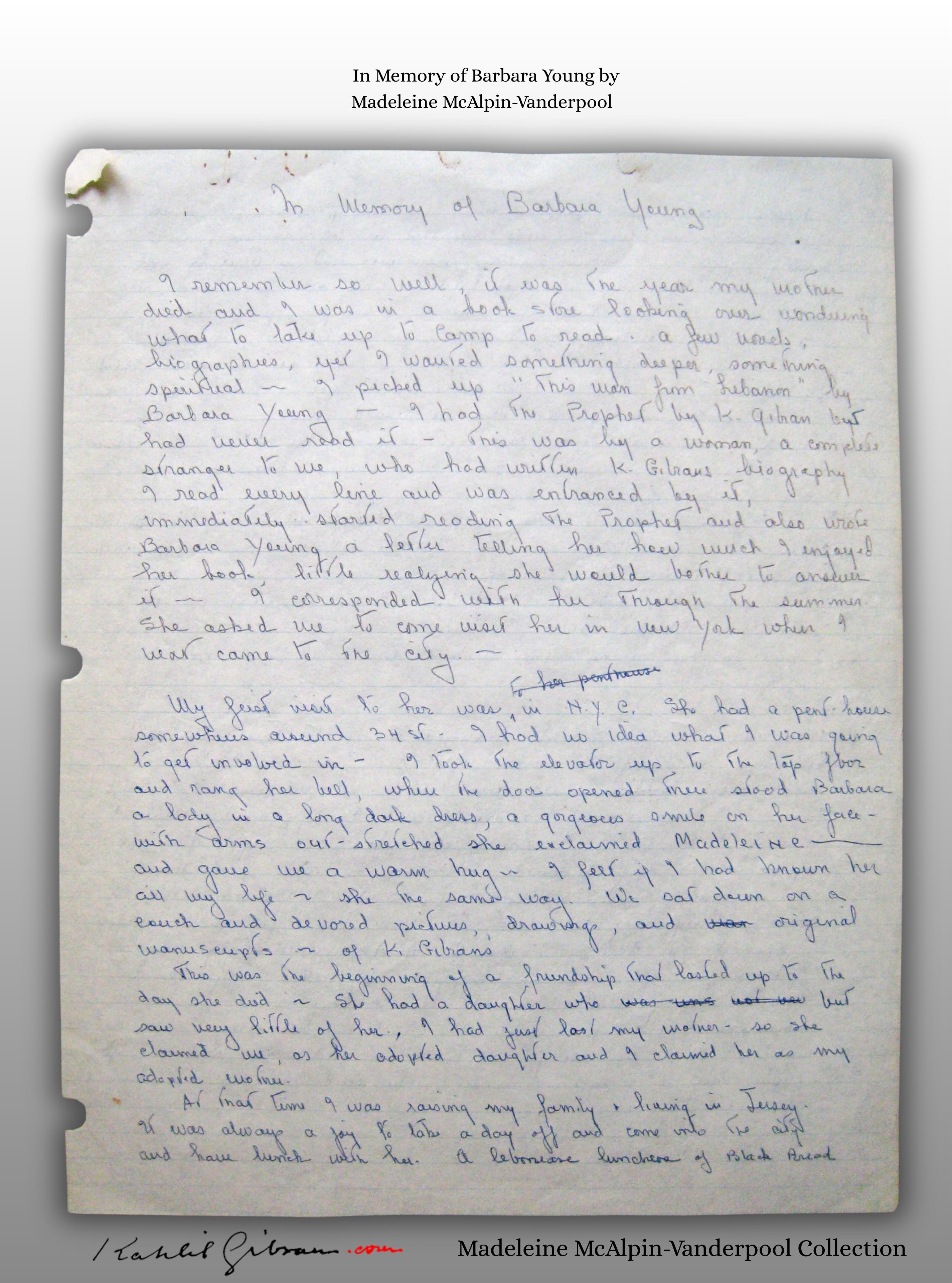 The handwritten memoir 'In Memory of Barbara Young' by Madeleine Findlay Sr.