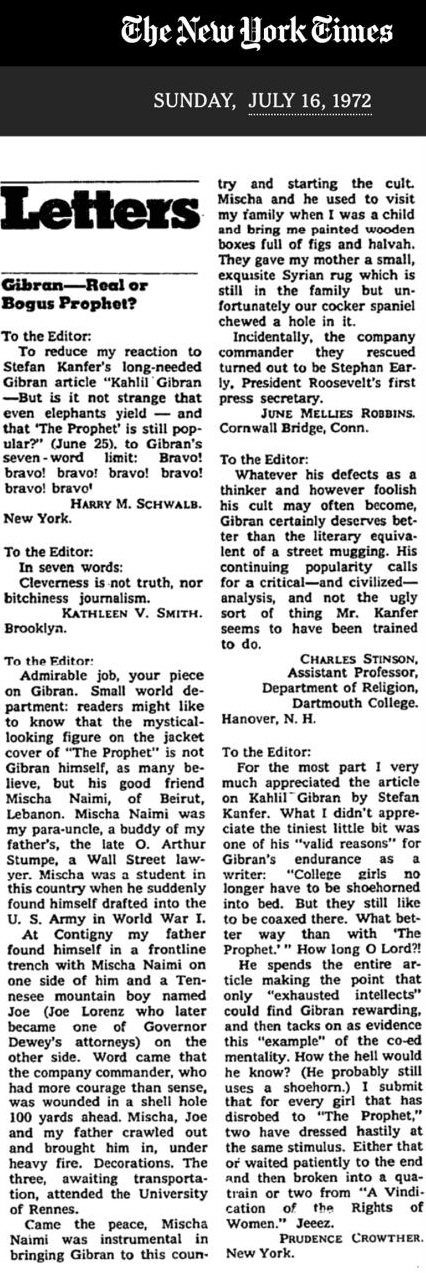 June Mellies Robbins' letter to the editor, New York Times, 16 July 1972