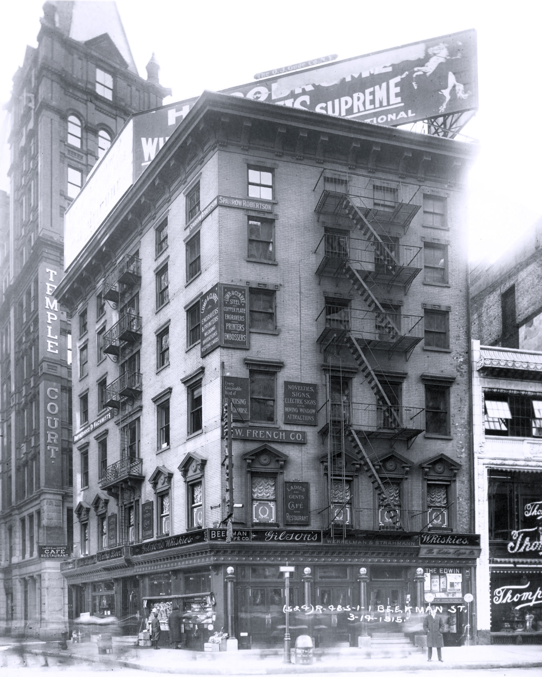 Beekman Street and Park Row, New York, in 1915, the site of Hitchcock's Beanery