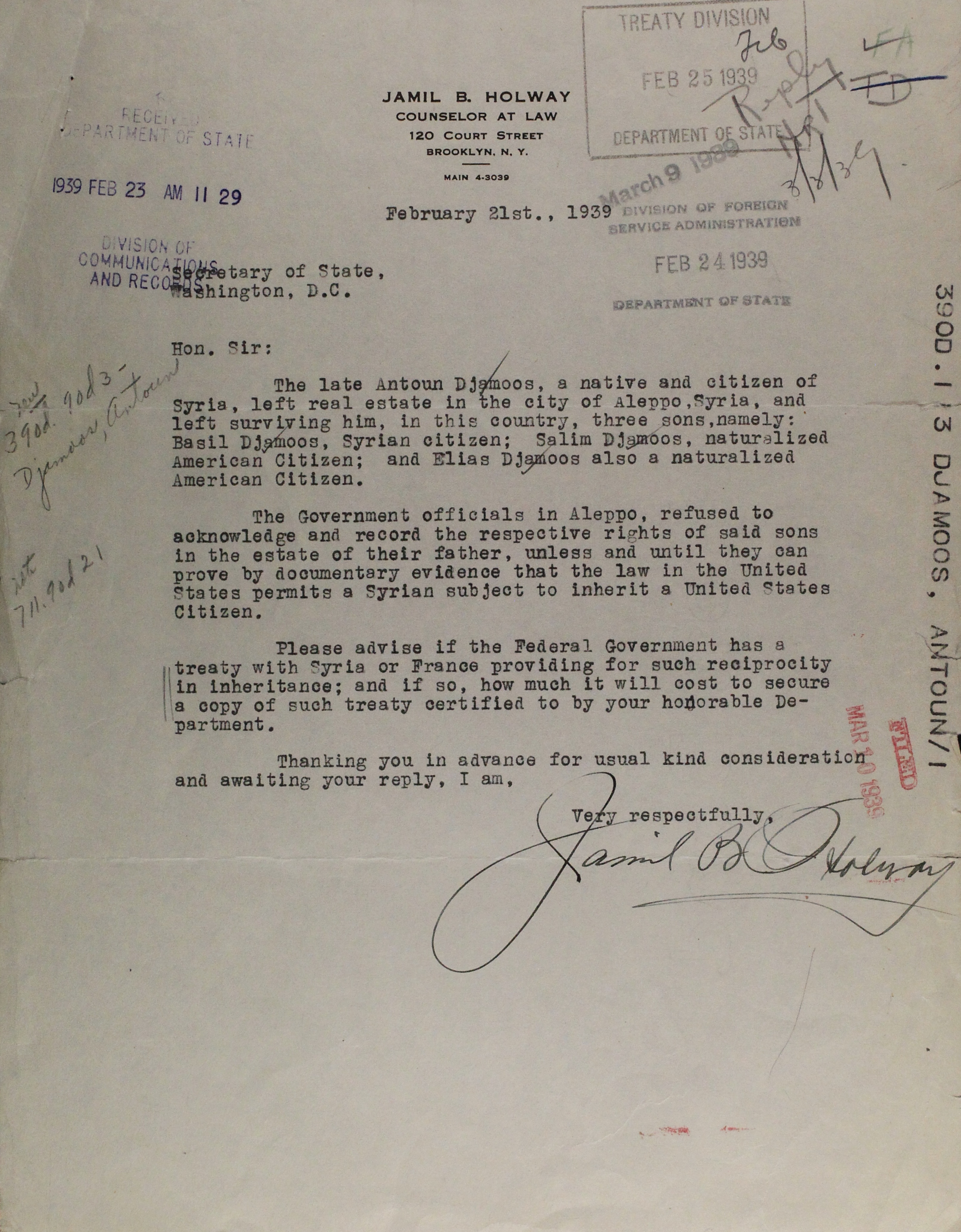 Letter signed by Jamil B. Holway to the U.S. Department of State, February 21, 1939