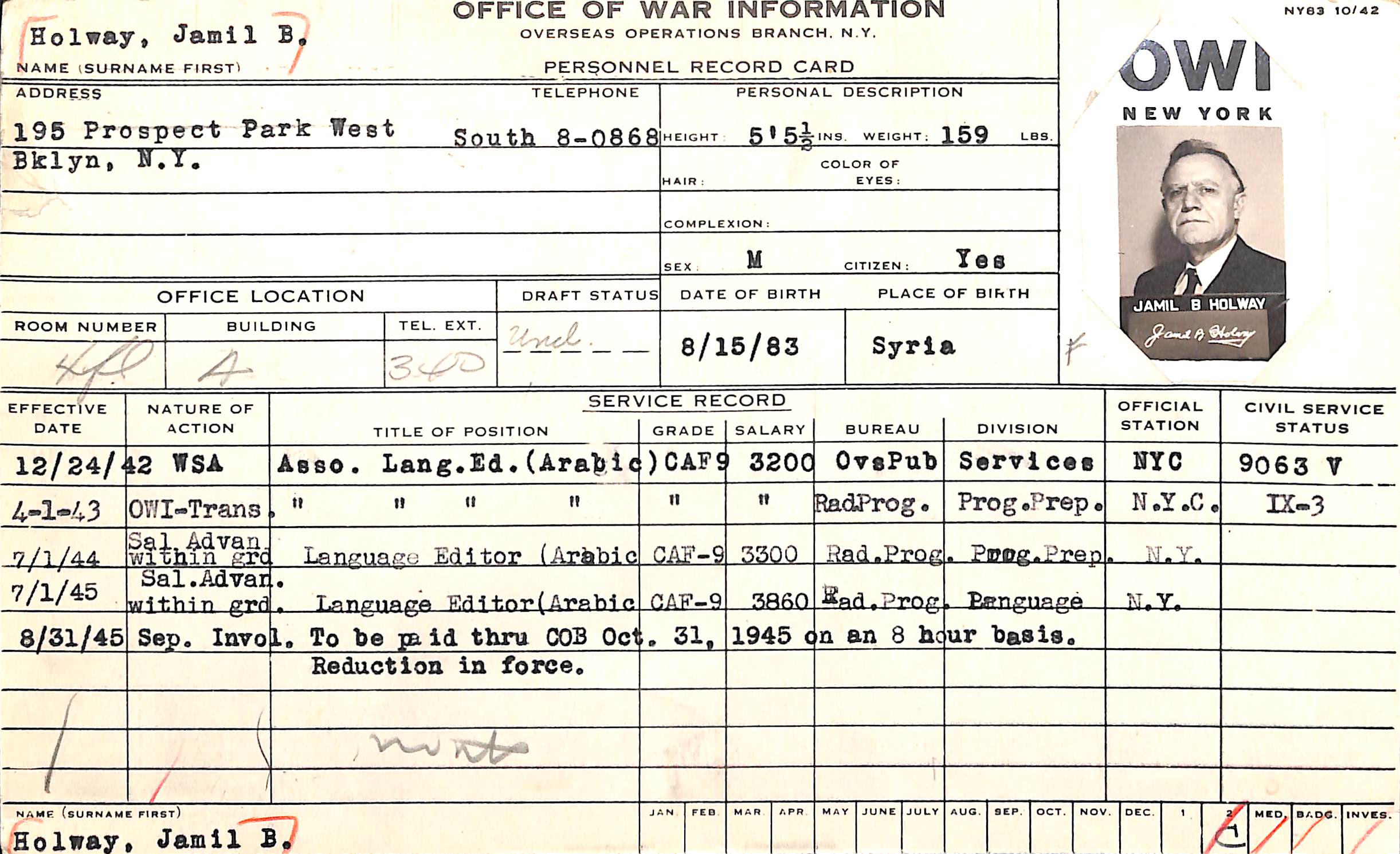 Office of War Information Personnel Record Card for Jamil B. Holway, 1942