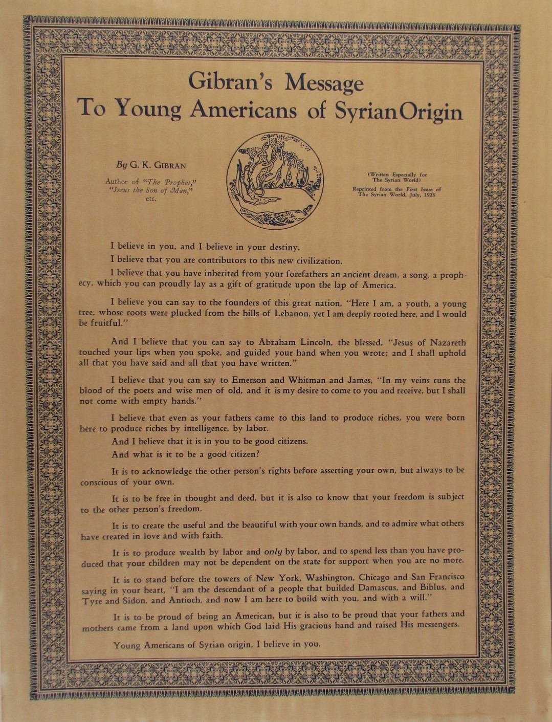 Gibran's 'To Young Americans of Syrian Origin', The Syrian World, July 1926