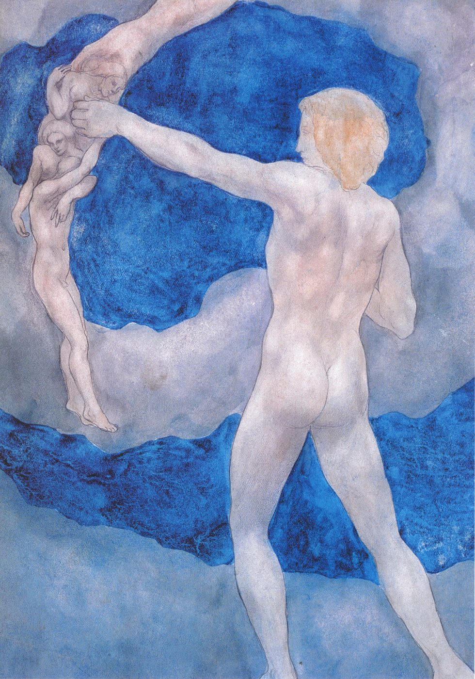 Gibran painting in blue and flesh tones of a nude figure bending to launch smaller figures through the air, like a bow sending arrows