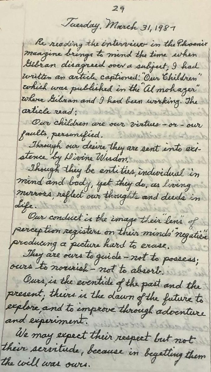 Handwritten diary page 29 dated Tuesday, March 31, 1987, opening Nahas's recollection and the text of Our Children