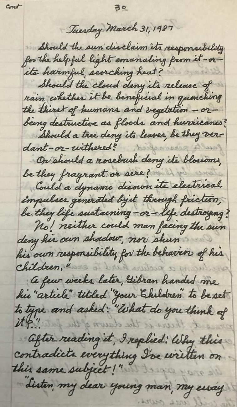 Handwritten diary page 30, continuing Our Children and recounting Gibran handing Nahas his article