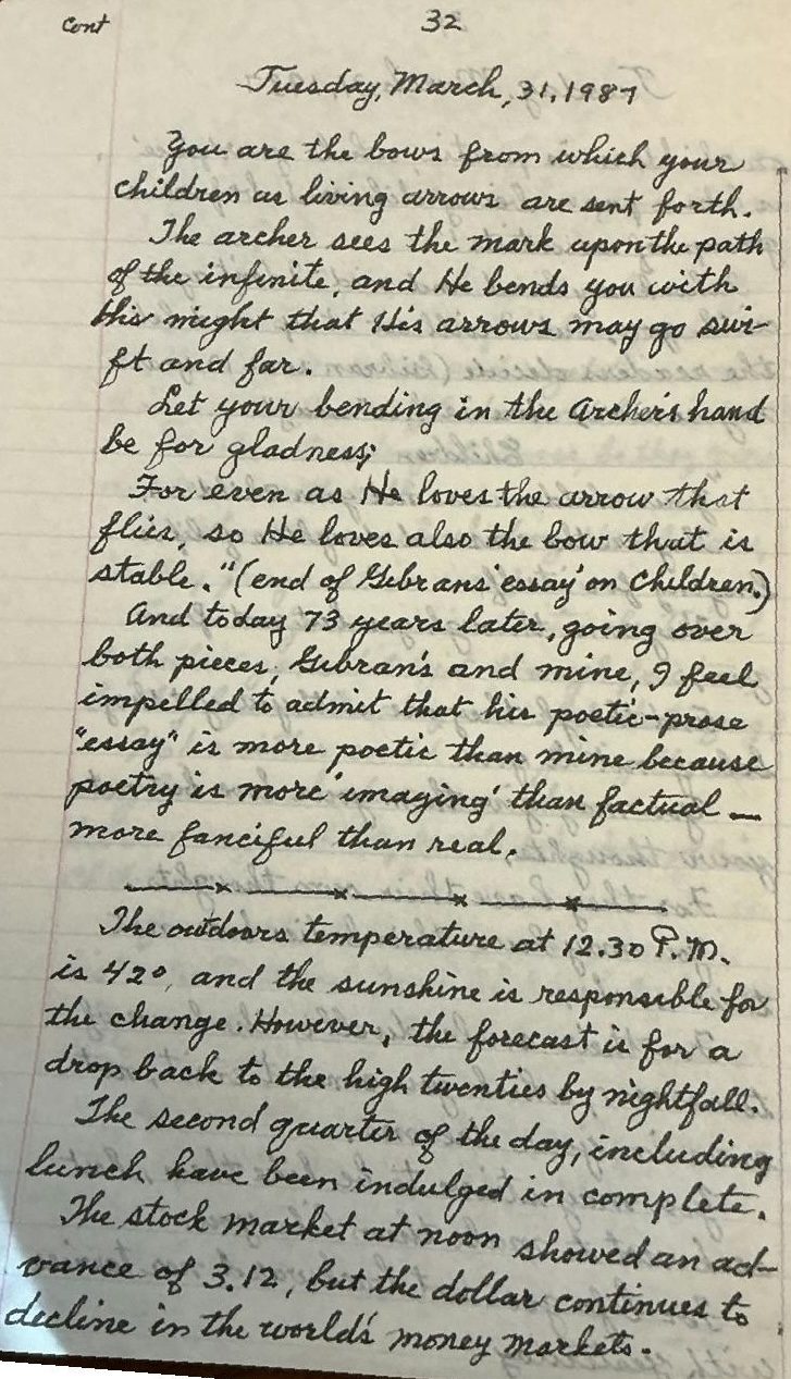 Handwritten diary page 32, ending Gibran's text and Nahas's verdict seventy-three years later