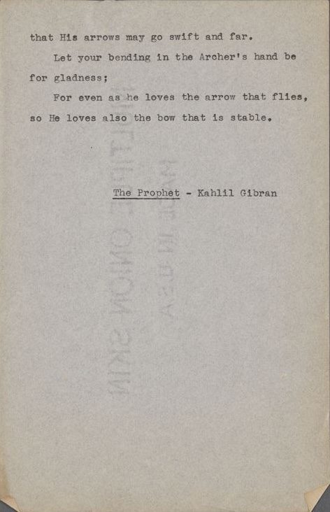 Second typescript page ending so He loves also the bow that is stable, signed The Prophet, Kahlil Gibran