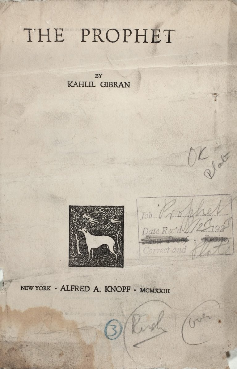 Title page proof of The Prophet by Kahlil Gibran, New York, Alfred A. Knopf, MCMXXIII, with editorial pencil marks