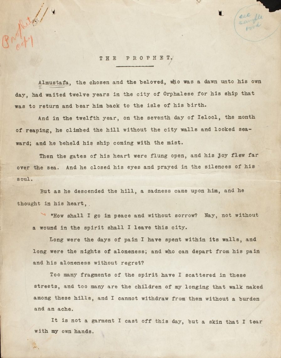 First typewritten page of The Prophet, beginning Almustafa, the chosen and the beloved