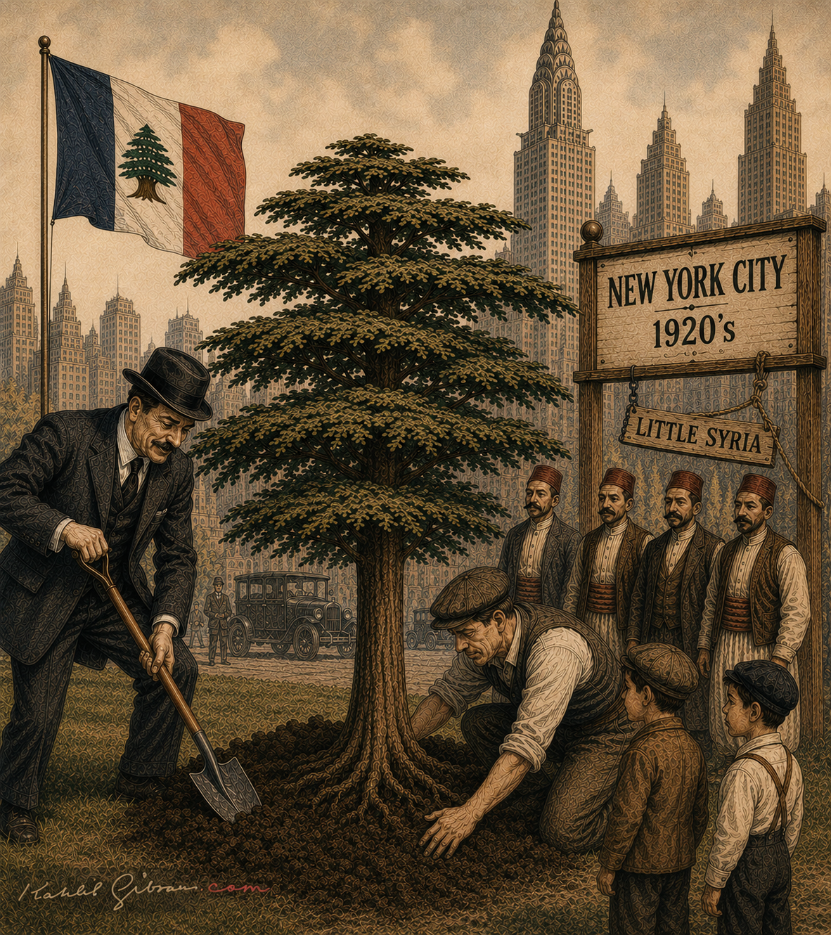 Little Lebanon and Syria illustration - cedar tree in 1920s New York