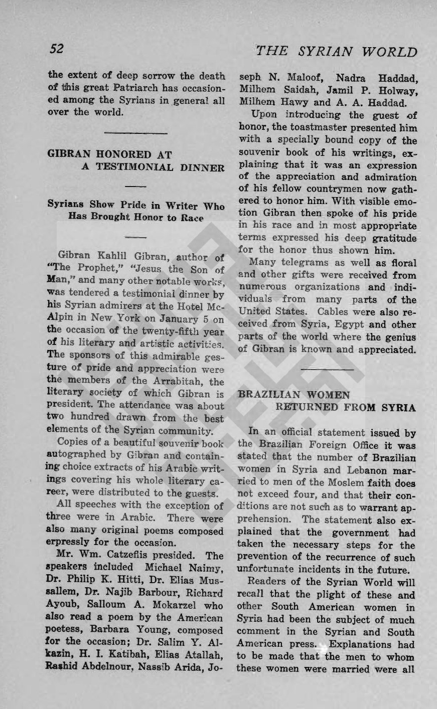 Syrian World Gibran testimonial dinner 1929
