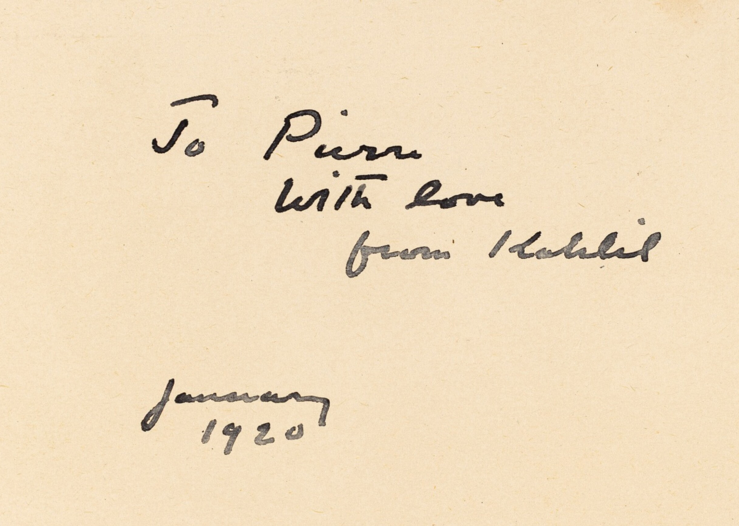 Gibran’s handwritten dedication to his friend Pierre in January 1920 (from Twenty Drawings)
