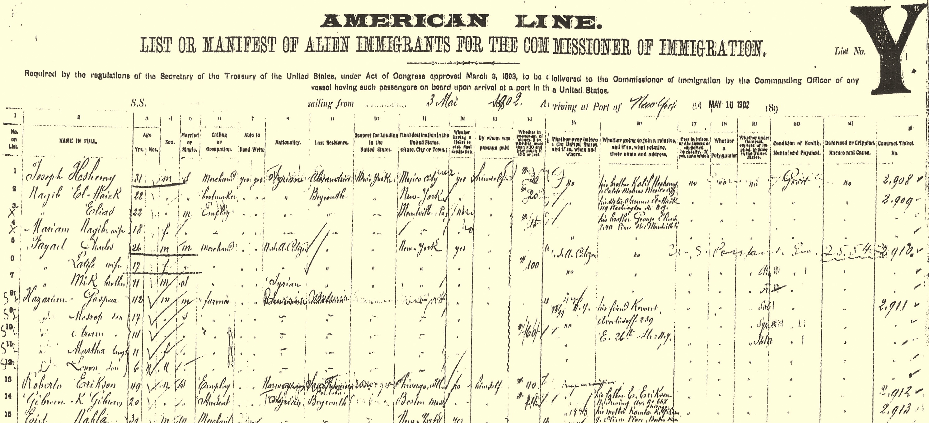 1902 Passenger Record (Gibran K.)