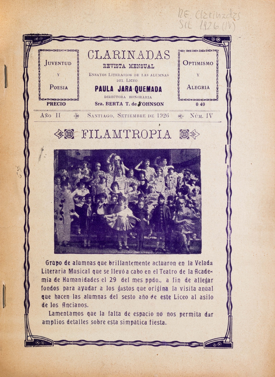Fragmentos de El Loco de Kahlil Gibran: La Ciudad Santa (Excerpts from The Madman by Kahlil Gibran: The Blessed City, translated into Spanish), Clarinidas, Santiago de Chile, Year II, No. IV, Sept. 1926, pp. 5-6.