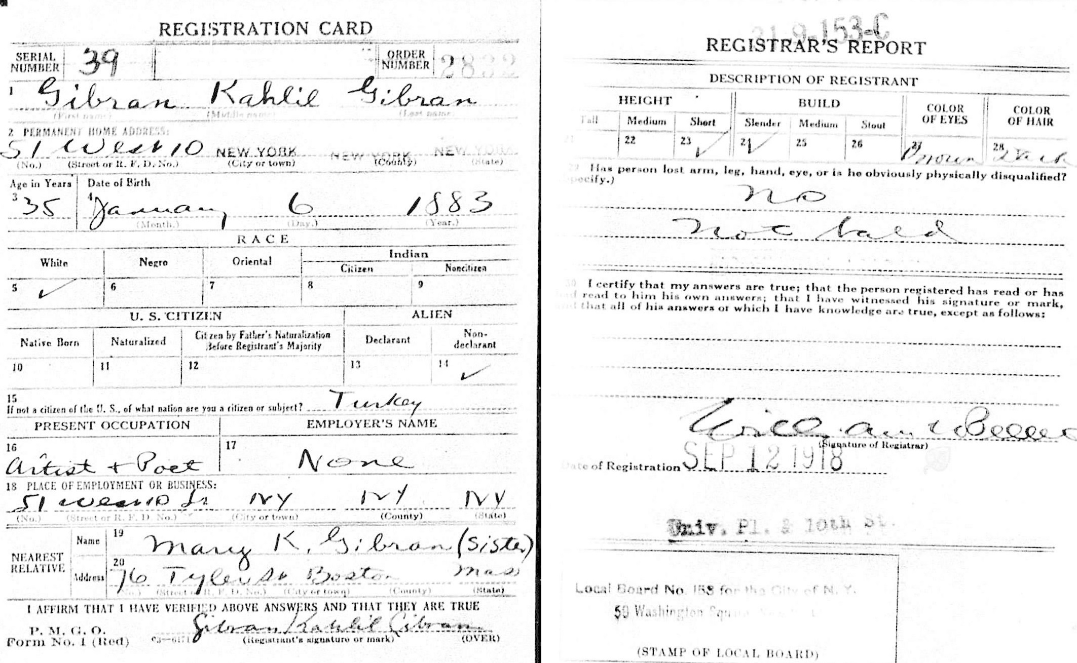Gibran Kahlil Gibran: Registration Card (September 12, 1918)