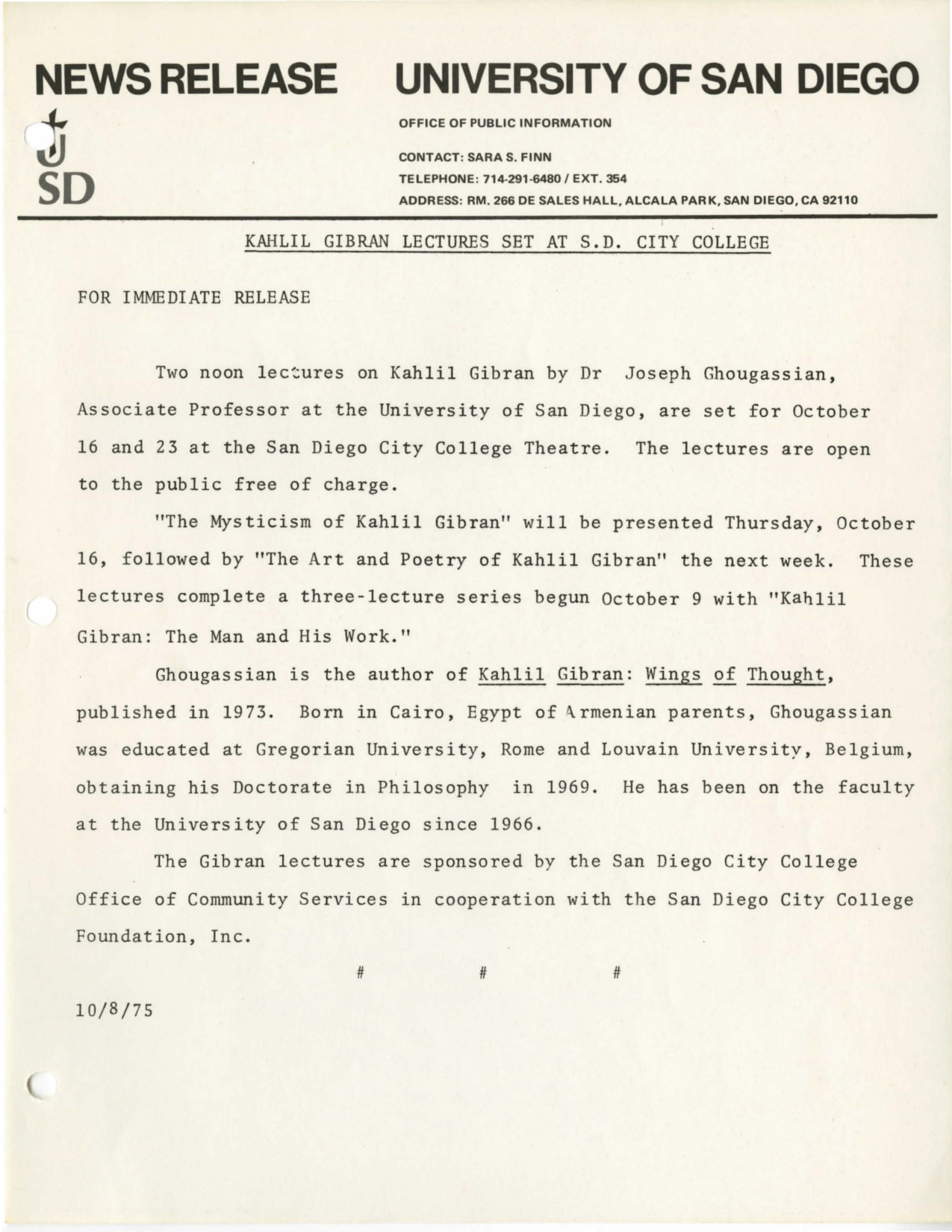 Kahlil Gibran Lectures by Joseph Ghougassian Set at S.D. (10/8/1975), USD News, News Releases - University of San Diego, City College Office of Public Information