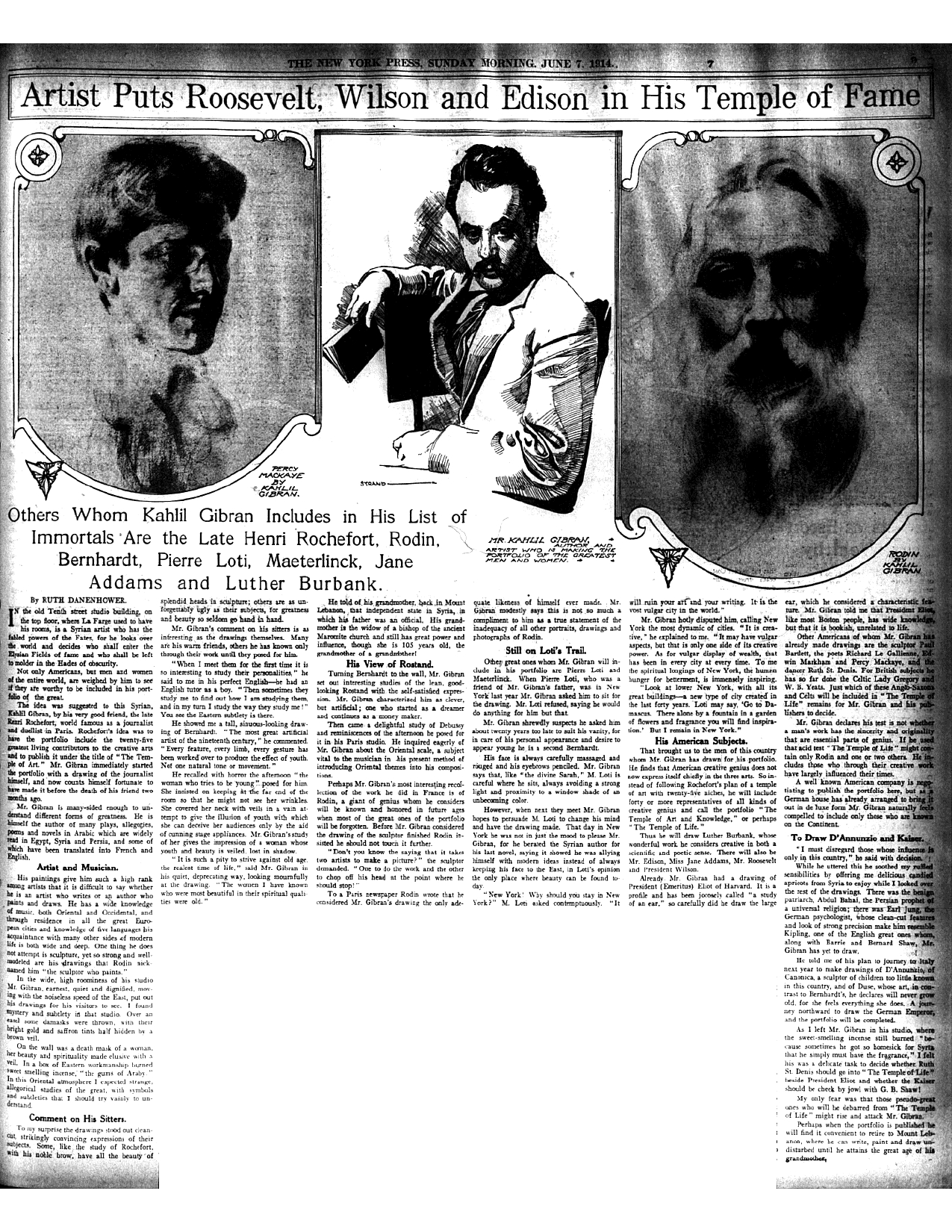 Ruth Danenhower, Artist Puts Roosevelt, Wilson and Edison in His Temple of Fame, The New York Press, Sunday Morning, June 7, 1914