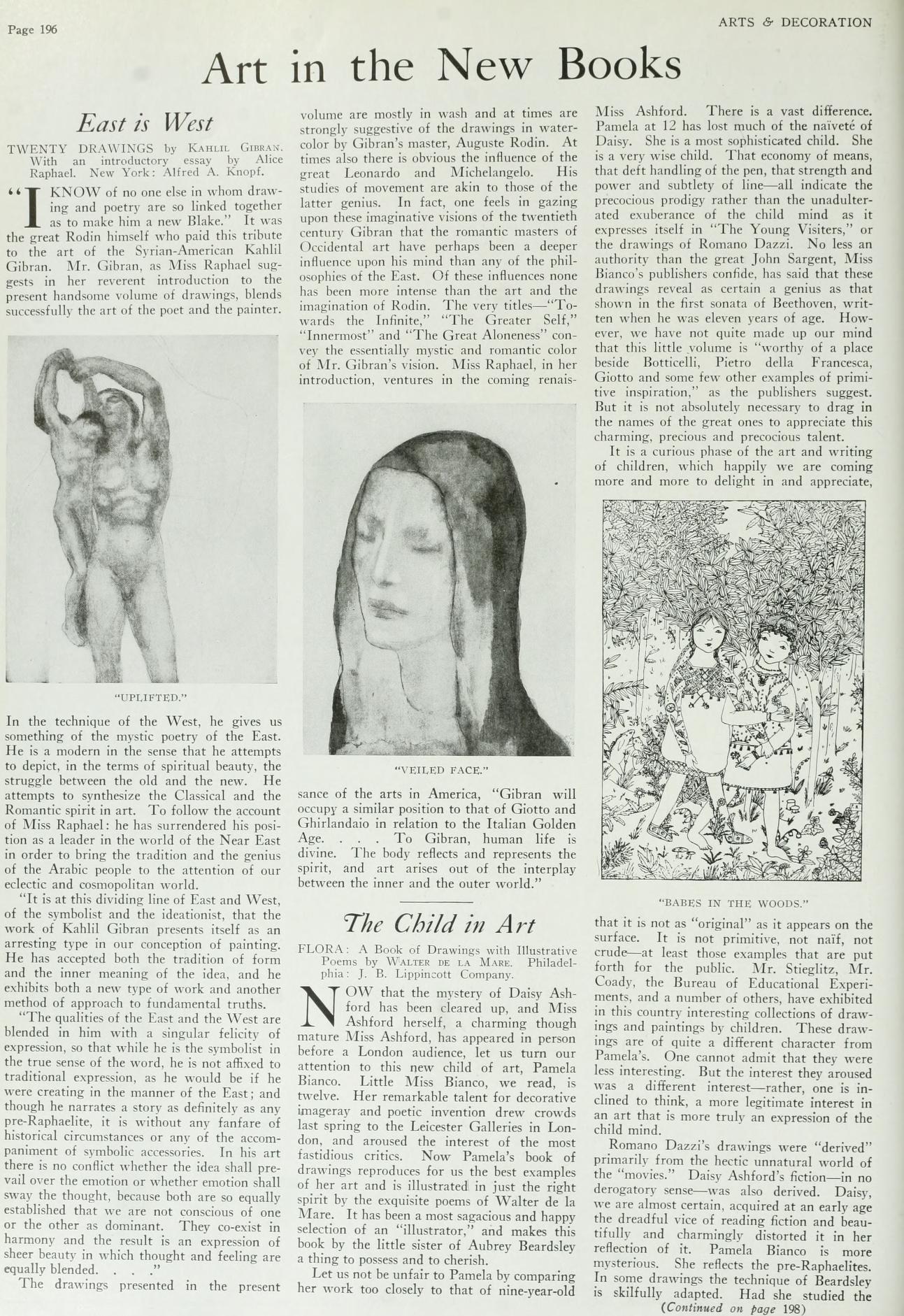 "East is West: A Review of 'Twenty Drawings' by Kahlil Gibran", Arts & Decoration, New York, Jan. 1920, p. 196.